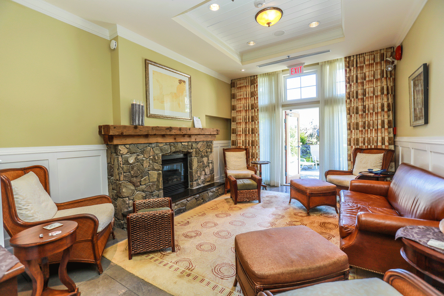 cozy lobby area with fireplace