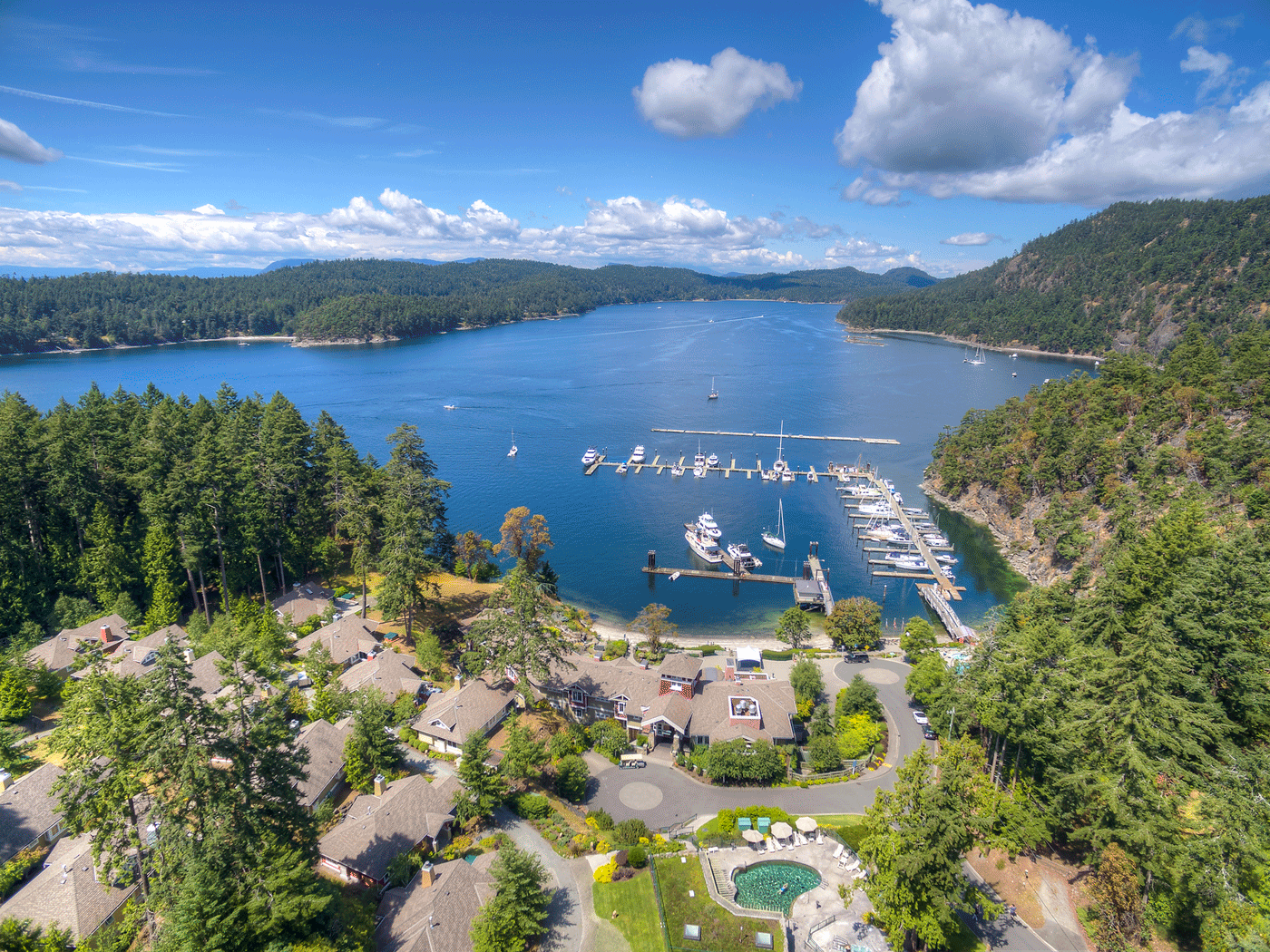 birds-eye view of cove with boats