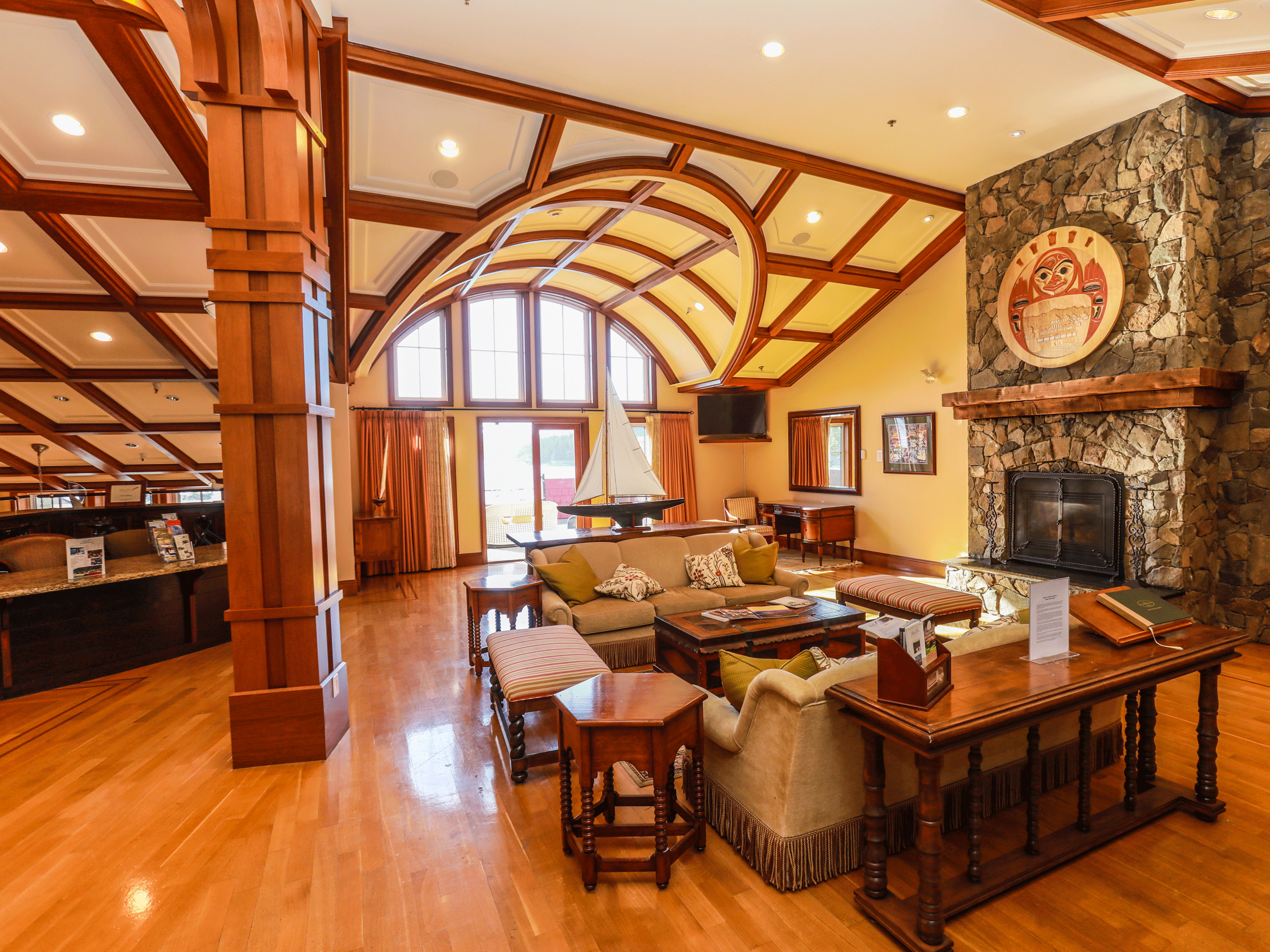 hotel lobby with brick fireplace