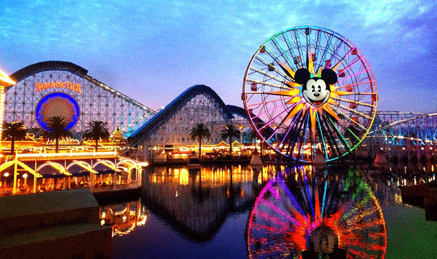 Exterior view of Disney California Adventure Park with lights