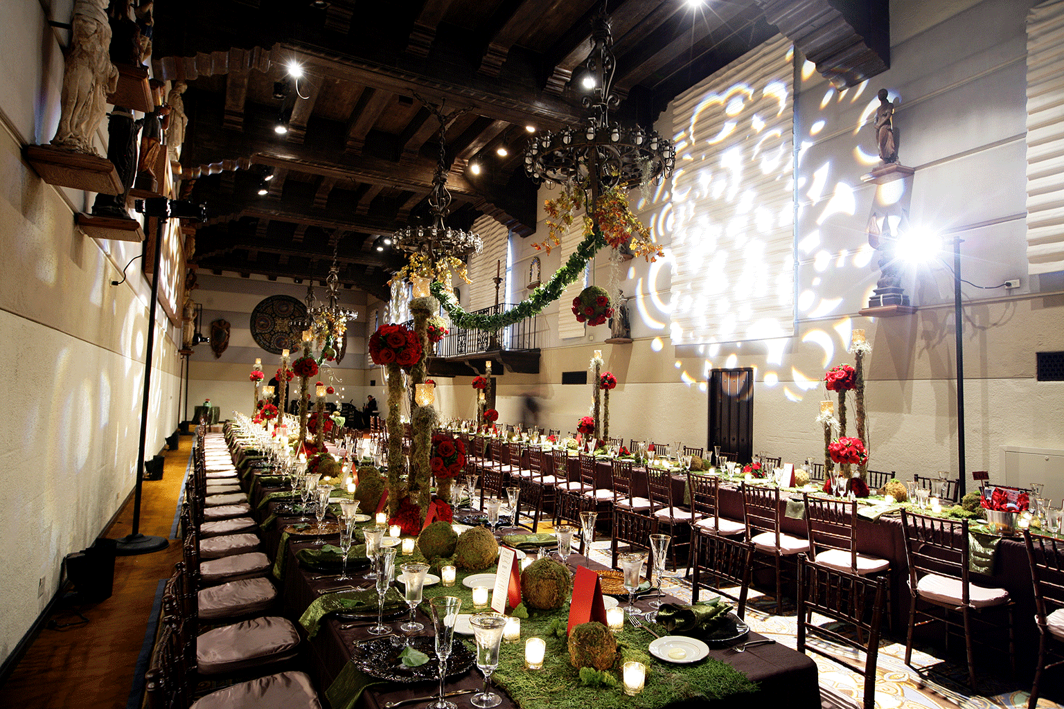 Decorated Mission Inn Galeria ballroom with tables and seating