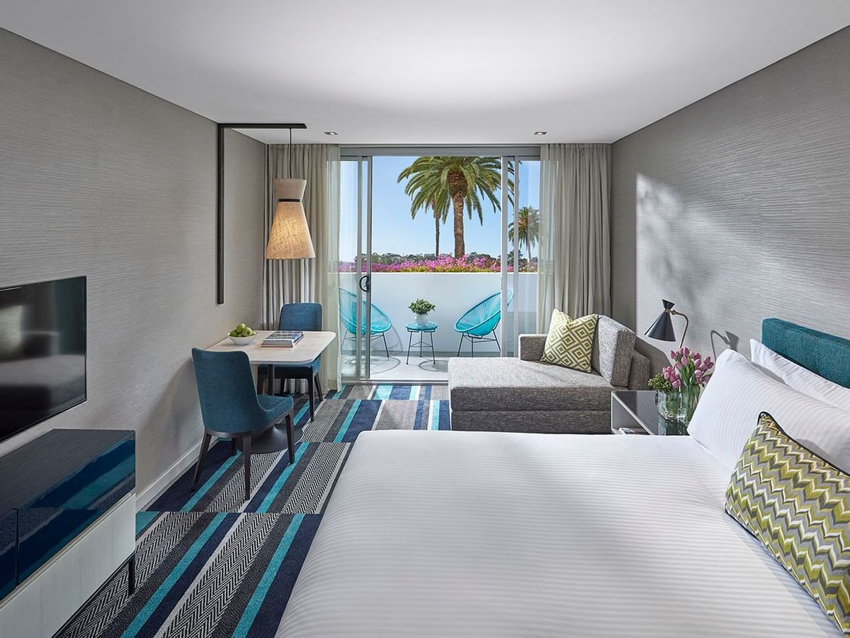 Bed & furniture in Superior King Balcony at Crown Hotel Perth