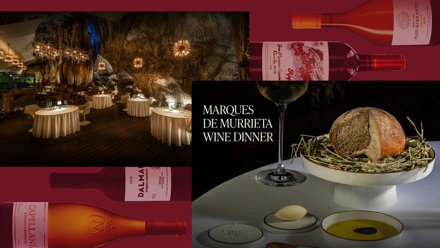 Marques de Murrieta wine dinner offer with images of wine bottles and elegant dining setup at Jeff's Cellar