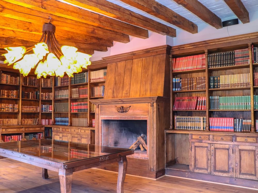 Fireplace & a bookshelf in Jardin Room at Gamma Hotels