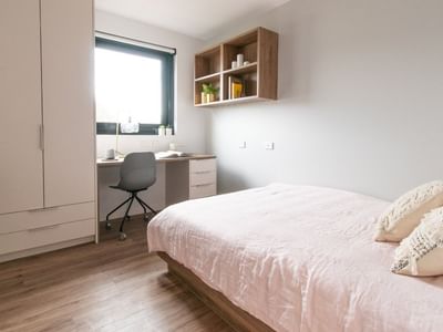Modern bedroom with a pink bed, desk, chair, and cabinets, featuring a plant and window.