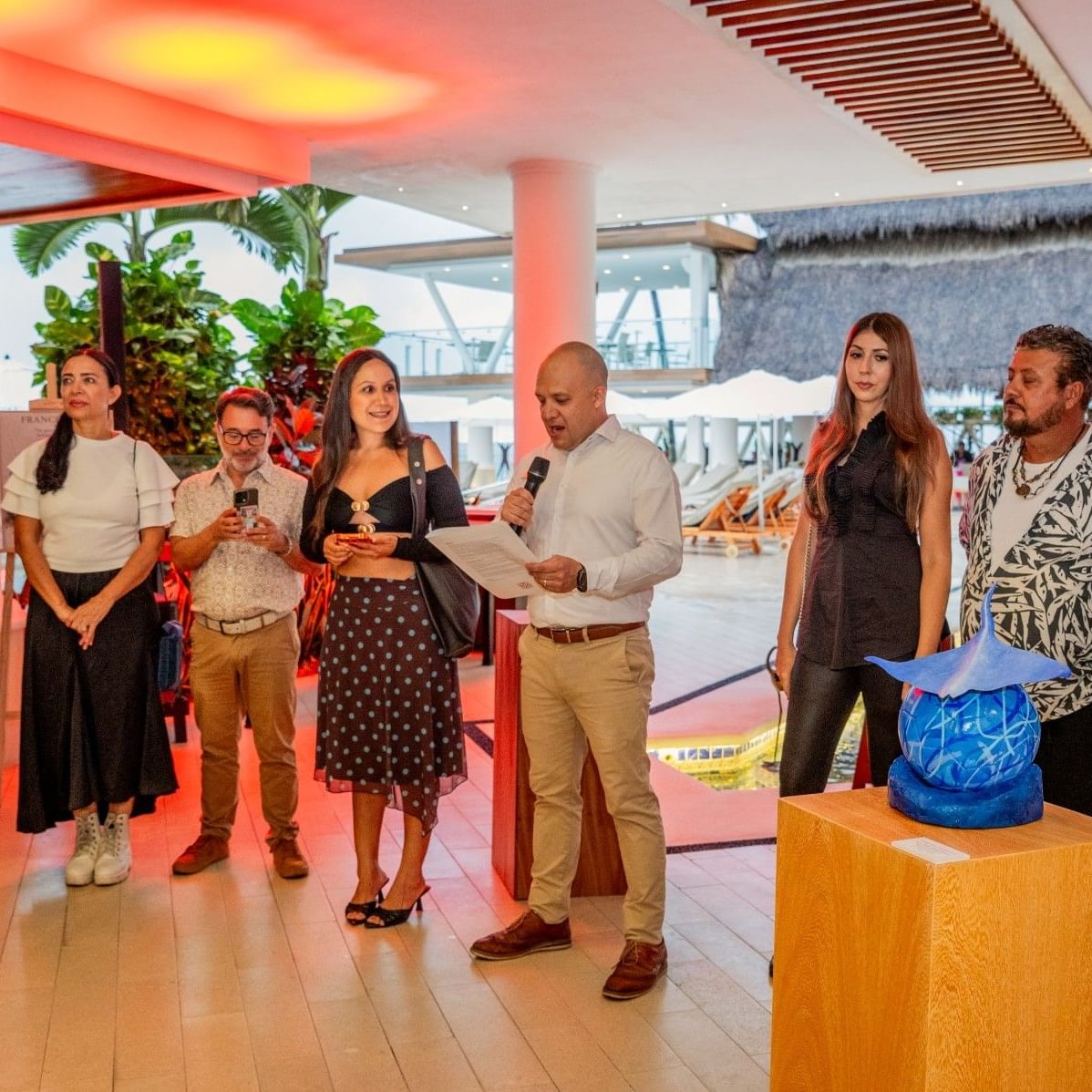 Opening of a contemporary art exhibition at Villa Premiere Boutique Hotel & Romantic Getaway, a beachfront resort in Puerto Vallarta.
