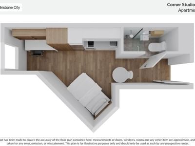 Floor plan of Corner Studio King Single Apartment at UniLodge Brisbane City.