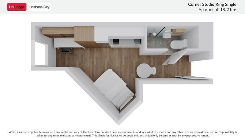 Floor plan of Corner Studio King Single Apartment at UniLodge Brisbane City.