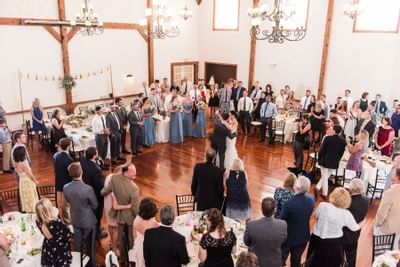 Newlyweds dancing at wedding reception.