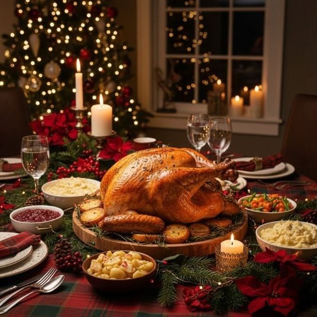 Festive dining table with roasted turkey and sides near a lit Christmas tree.