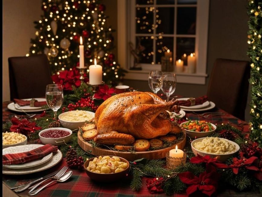 A festive table set with turkey, side dishes, candles, and holiday decor in front of a lit Christmas tree.