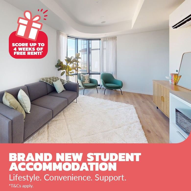 New student accommodation offer with living room at UniLodge Perth Central.