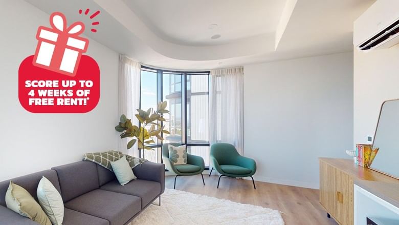 New student accommodation offer with living room at UniLodge Perth Central.