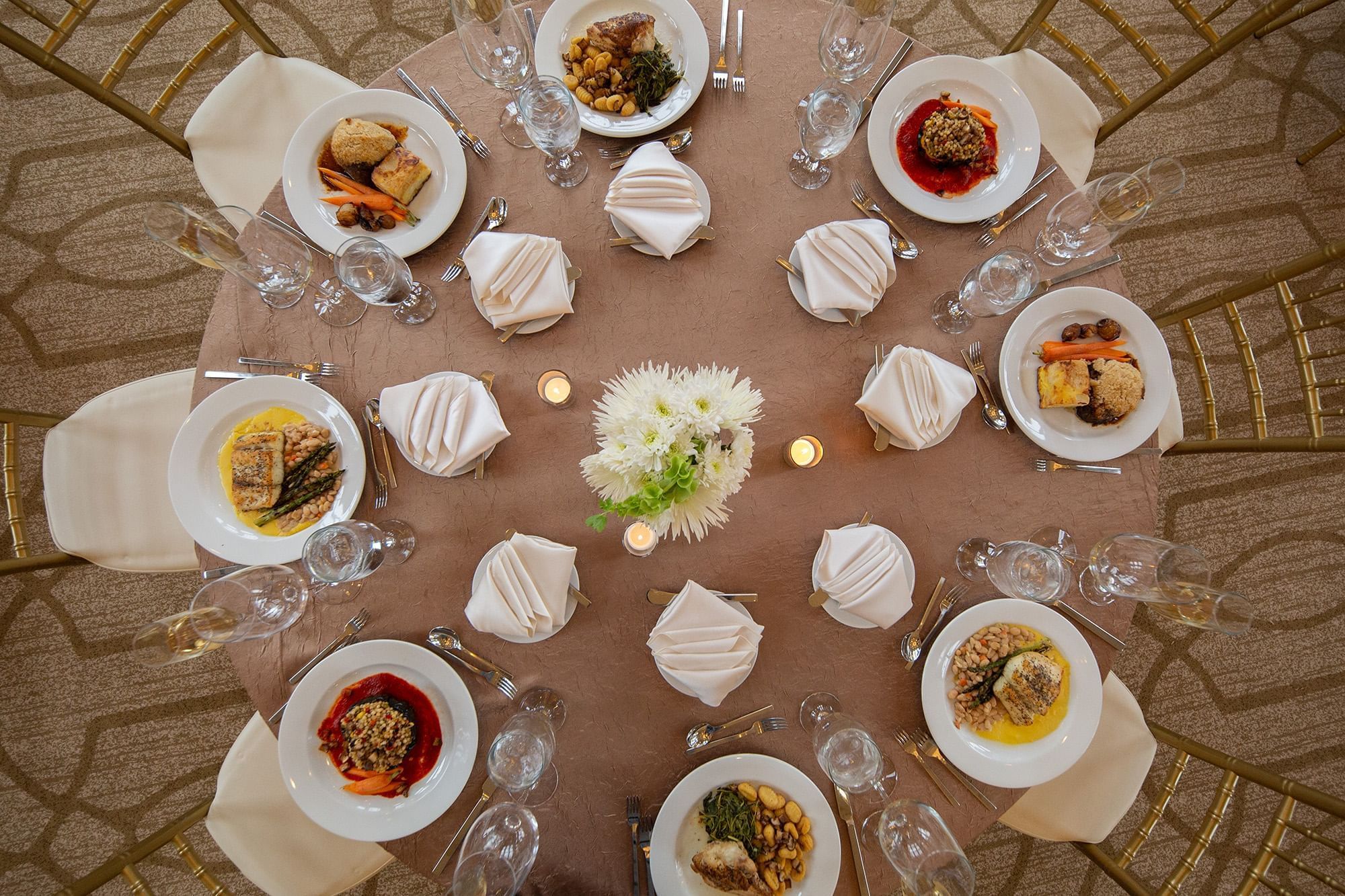 Overhead shot of wedding table with dishes at Warwick Allerton