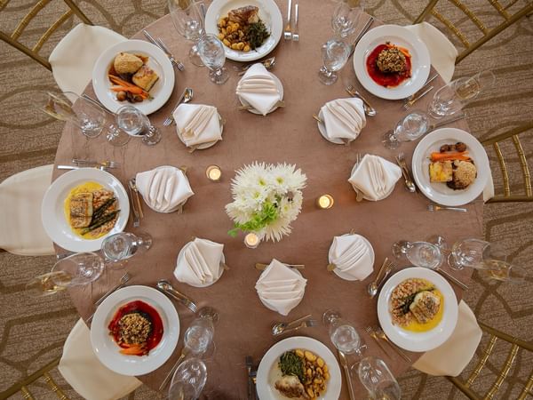 Overhead shot of wedding table with dishes at Warwick Allerton
