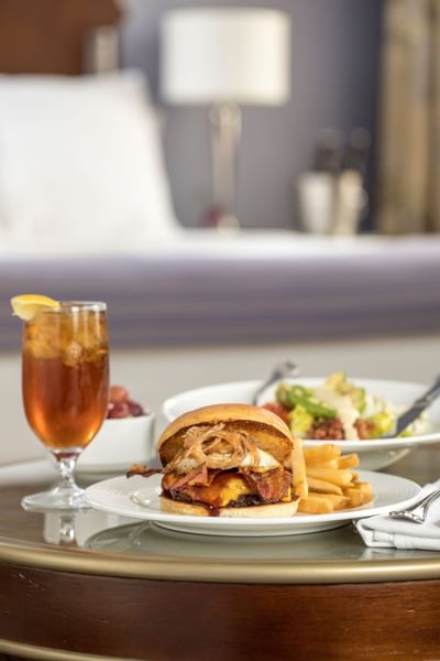 A Burger dish served in a room at Peabody Hotels & Resorts