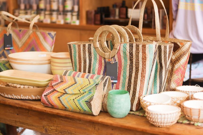 Close-up of paper bags in a gift shop at The Fredonia Hotel