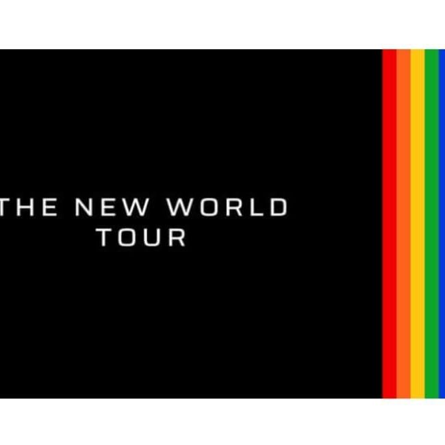 Colorful rainbow-striped world tour poster used at Brady Apartment Hotel Hardware Lane