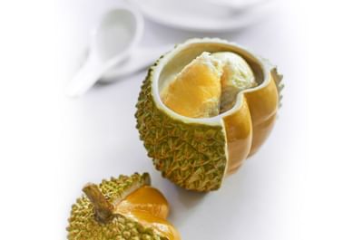 Closeup of Durian dessert served at Goodwood Park Hotel