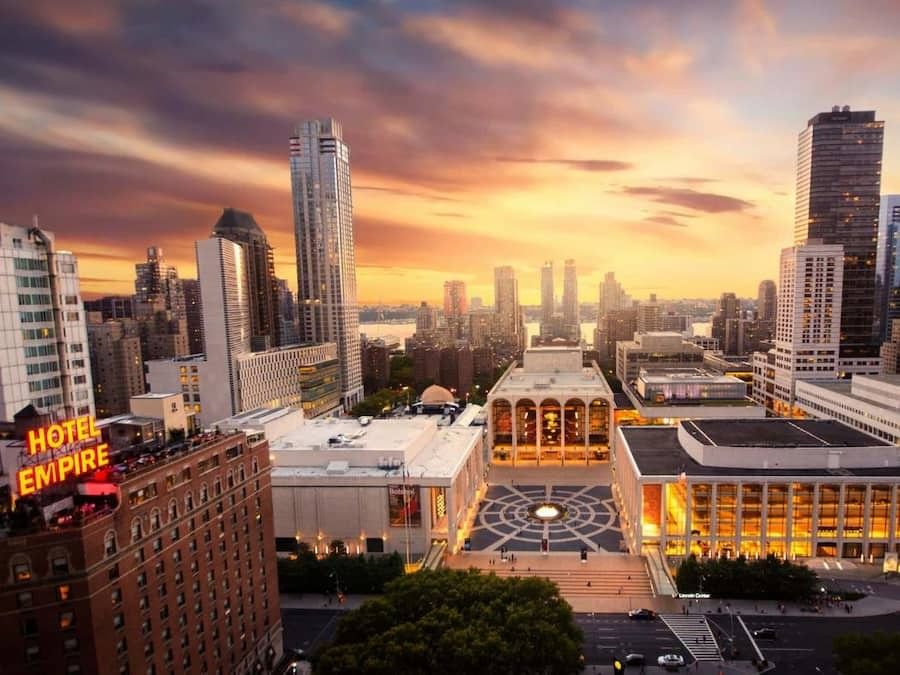 Aerial view of the Hotel Empire and Lincoln Center at sunset
