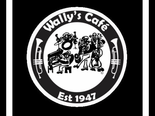 Black and white logo for Wally's Cafe, established in 1947, featuring musicians and instruments.