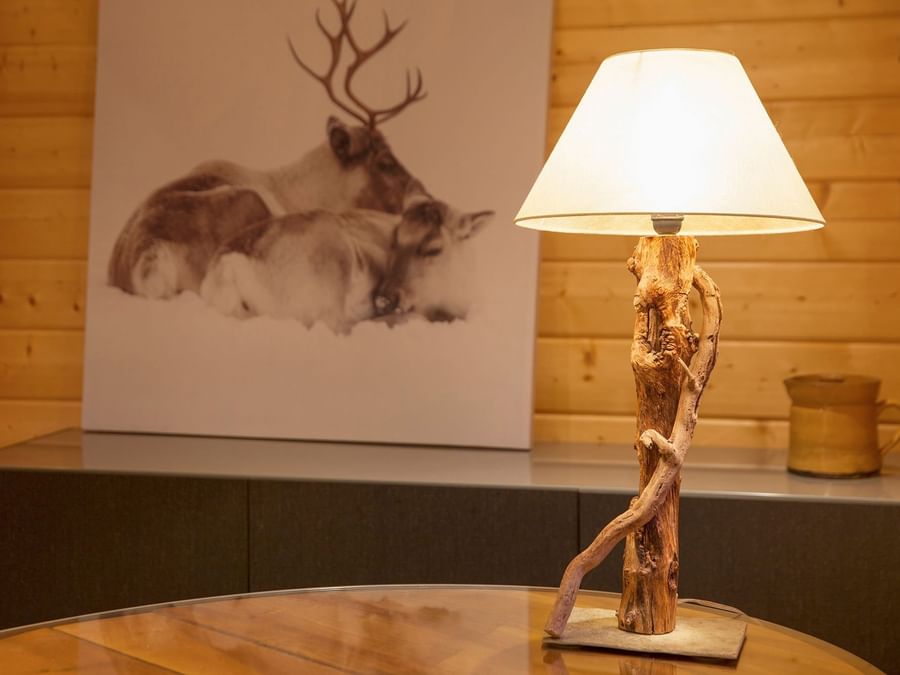 Creative wooden lamp on the table at Hotel La Fischhutte