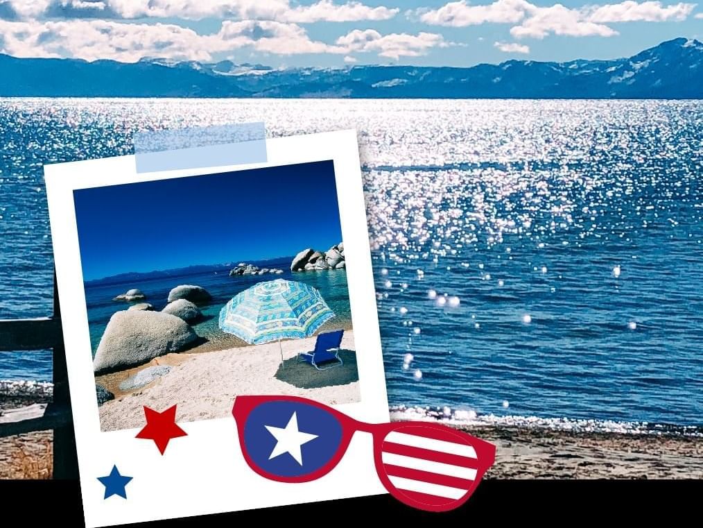Lake Tahoe with Polaroid photo of beach chair and umbrella