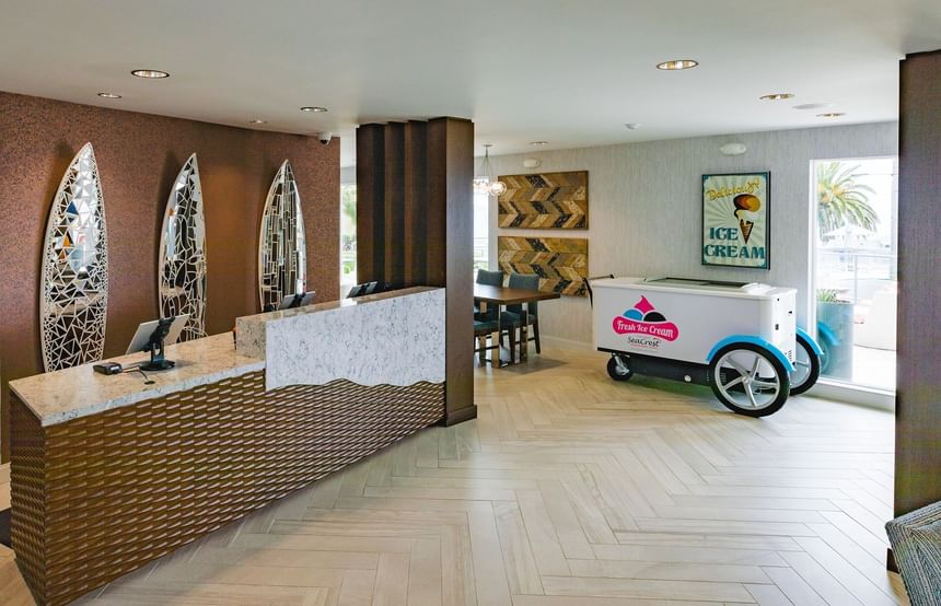 Lobby check-in desk and ice cream cart