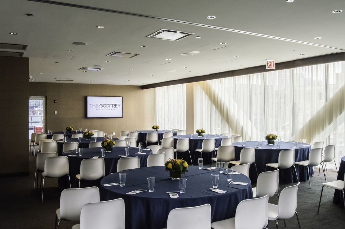 Table set-up in a meeting room at The Godfrey Chicago