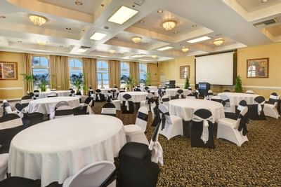 Meeting room with round conference tables.