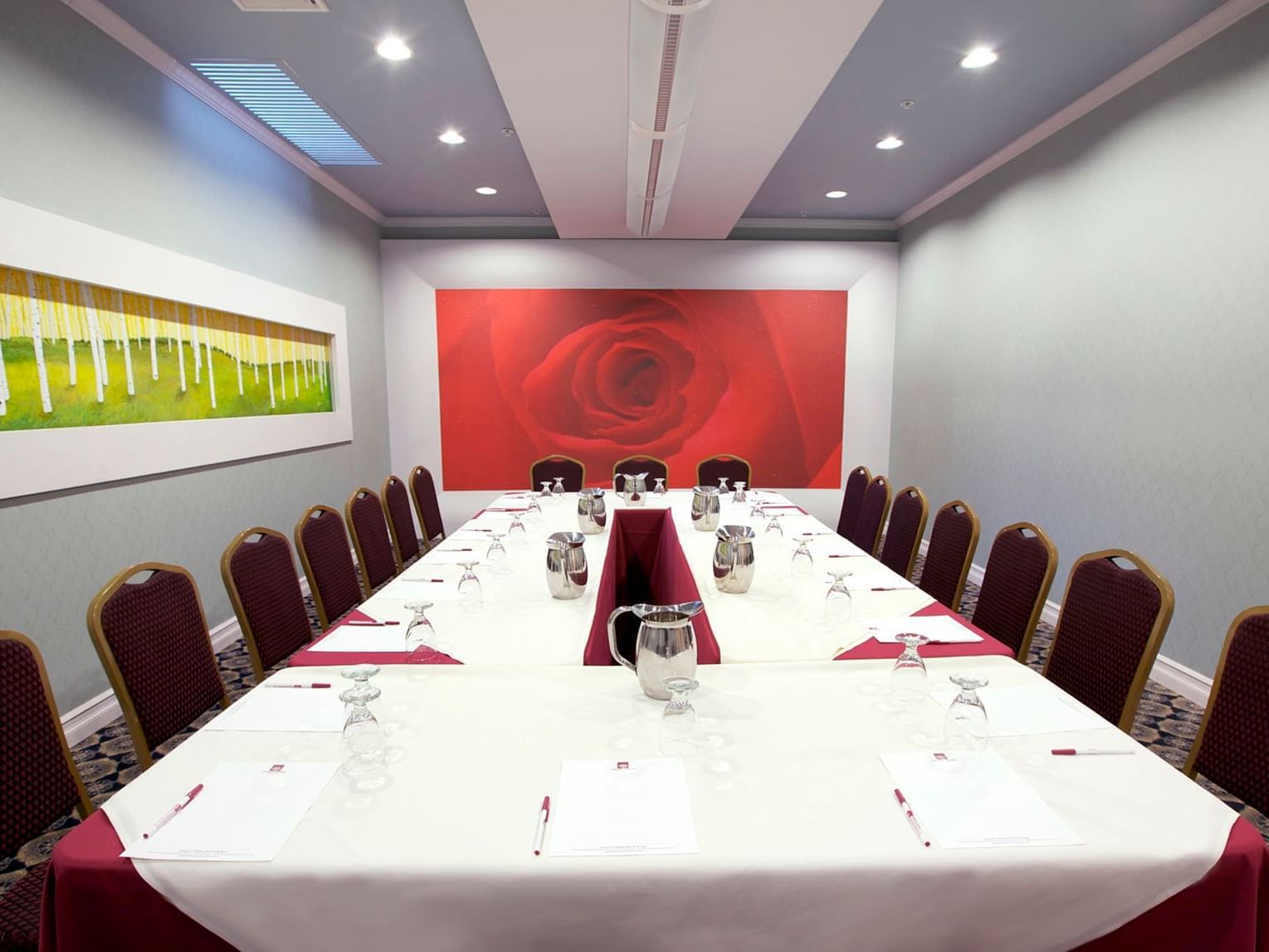 Boardroom table set-up in Summit Rooms at Honor’s Haven Retreat