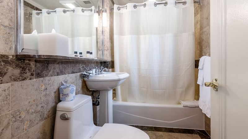Bathroom vanity with bathtub in Premier City View Suite at Warwick New York