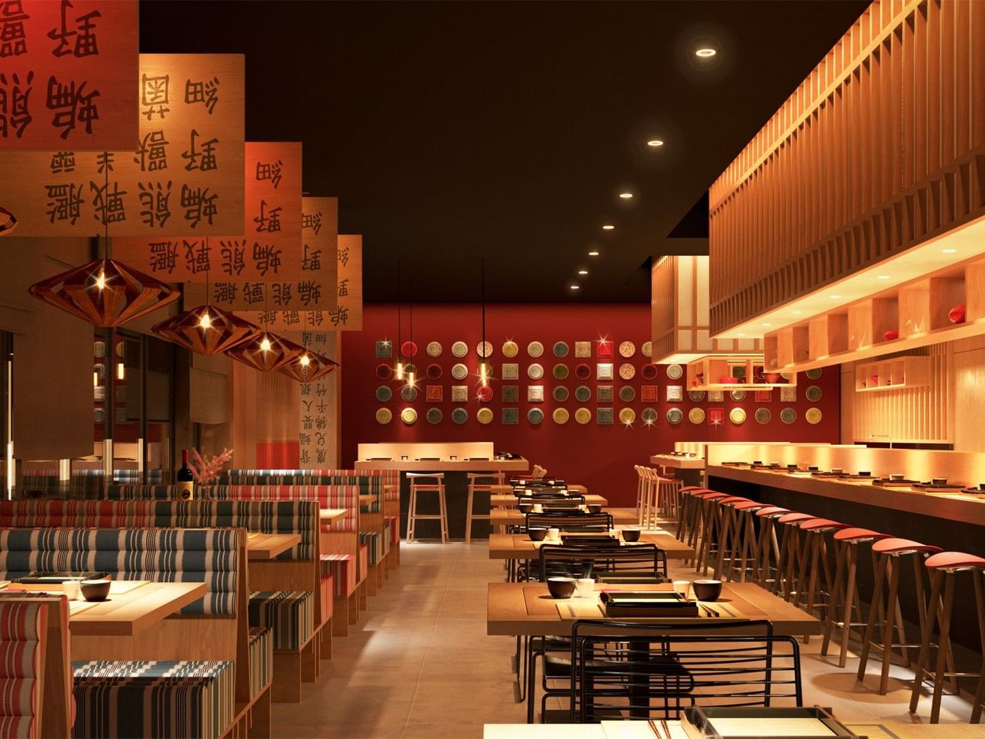 Restaurante auténtico Hanami en Fiesta Americana Funeeq Punta Cana con decoración de madera y letreros colgantes