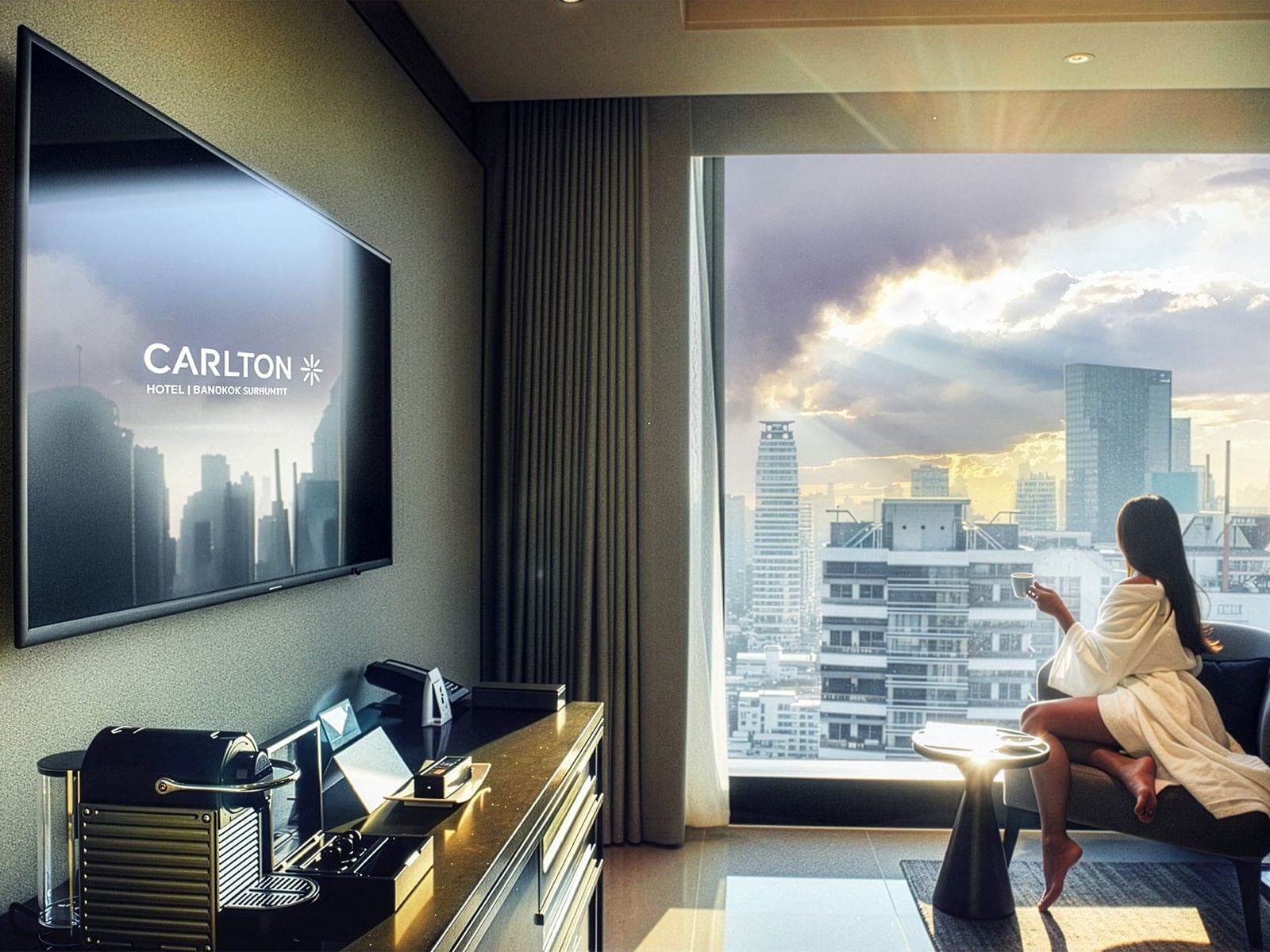 Woman in robe with coffee, enjoying city view from hotel room with large window.
