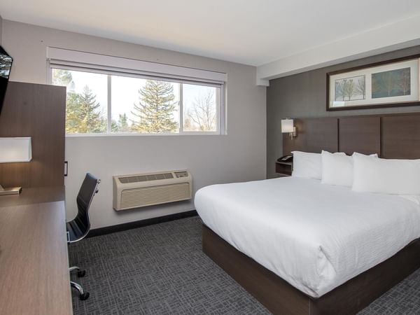 Room with desk, TV, and a queen bed.
