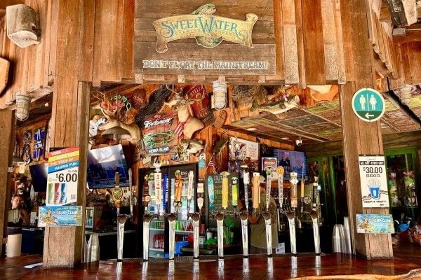 A large, wooden bar with taxidermied decor and a beer tap at The Tooting Otter.