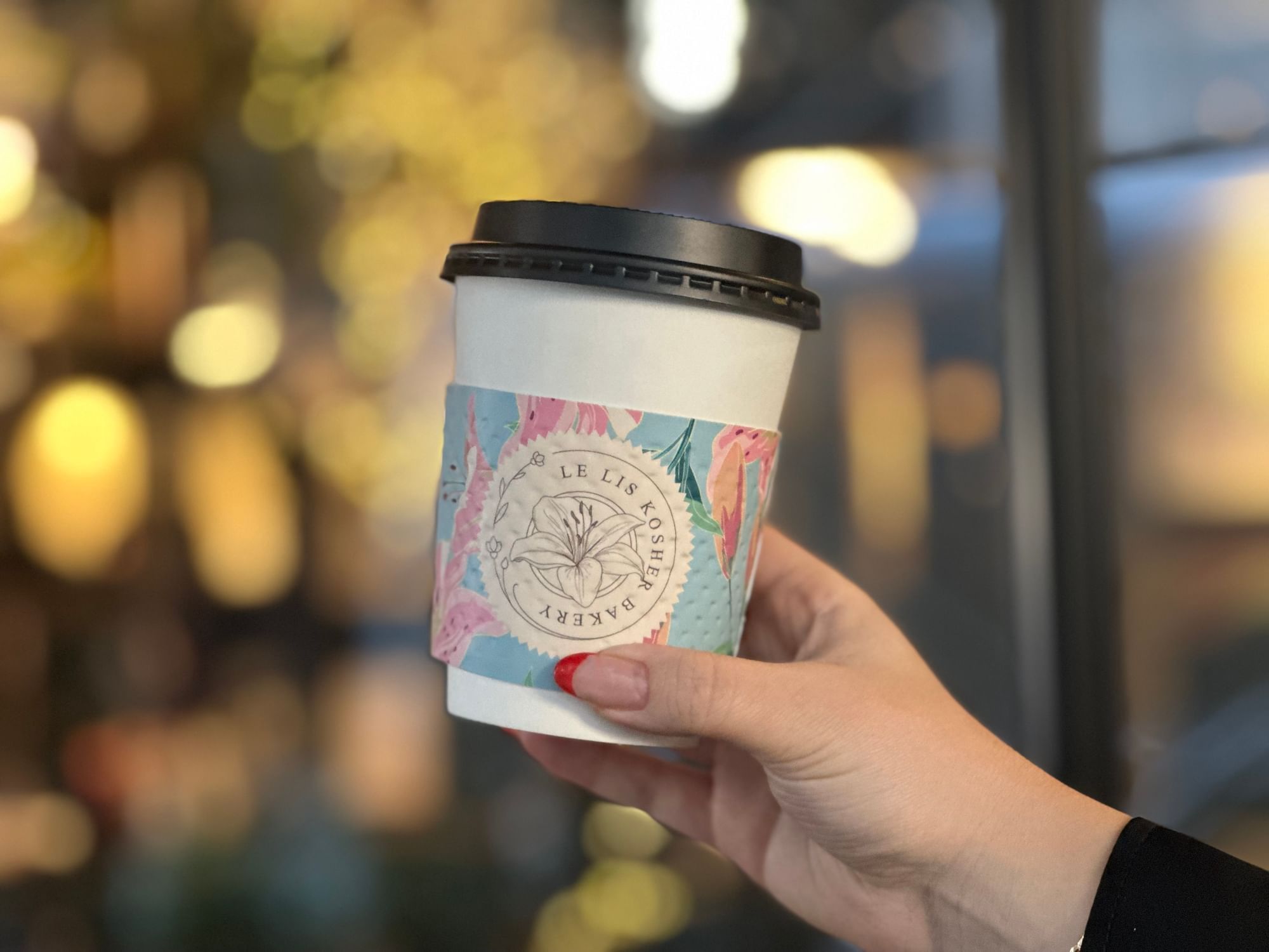 Coffee cup at Le Lis Kosher Bakery at the ArtHouse Hotel in New York City.