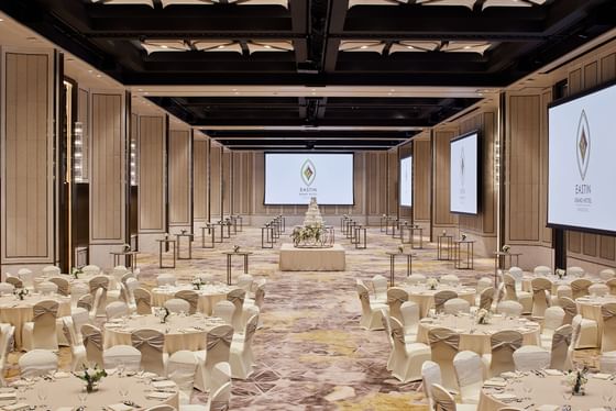 Banquet-style tables set up in Grand Ballroom at Eastin Grand Hotel Phayathai
