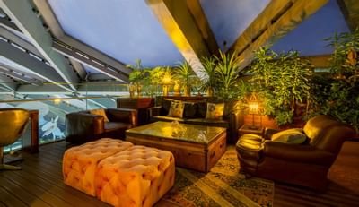 Interior of a lobby with lounges at Hotel Eclat Beijing