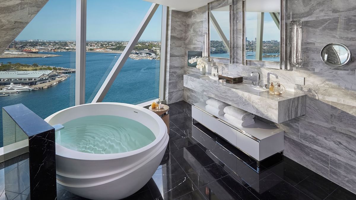 Bathroom in Premier Suite with city view at Crown Towers Sydney