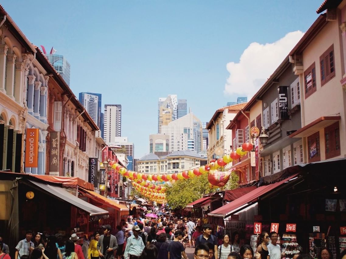 People shopping in the Chinatown near Carlton Hotel Singapore