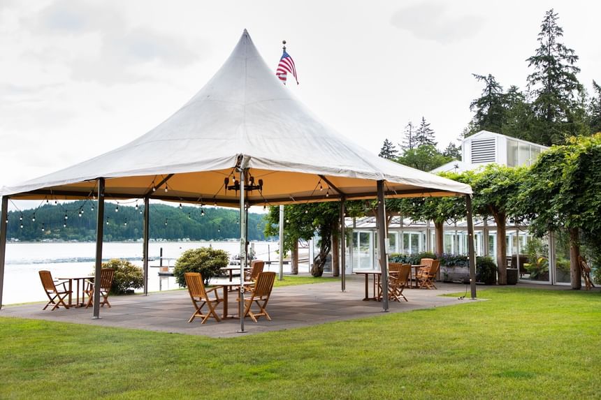 Waterfront Checkerboard's patio lounge overlooking the canal at Alderbrook Resort & Spa