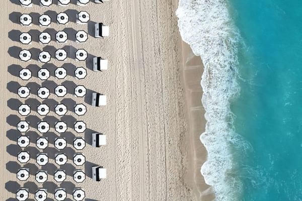High-angle view of the beach with loungers and patio umbrellas at The Diplomat Resort