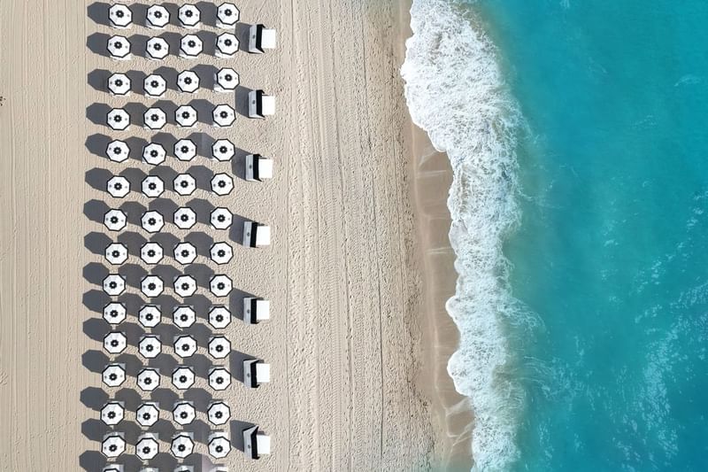 High-angle view of the beach with loungers and patio umbrellas at The Diplomat Resort
