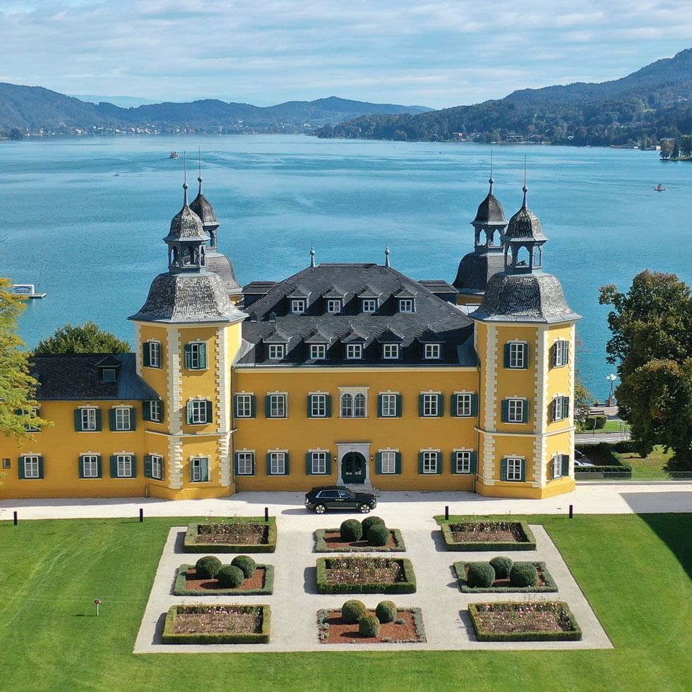 Aerial view of Falkensteiner Schlosshotel Velden by the sea