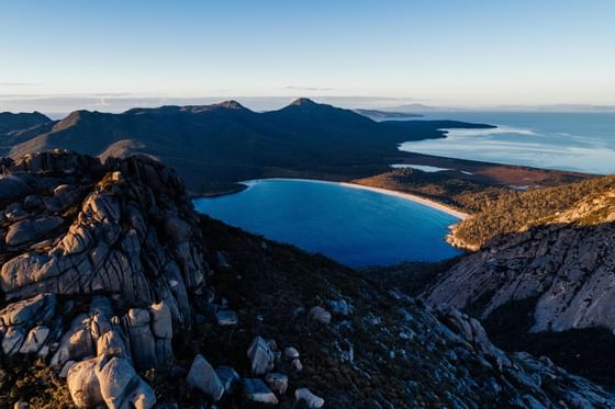 Aerial view of Freycinet National Park in the evening near Freycinet Lodge