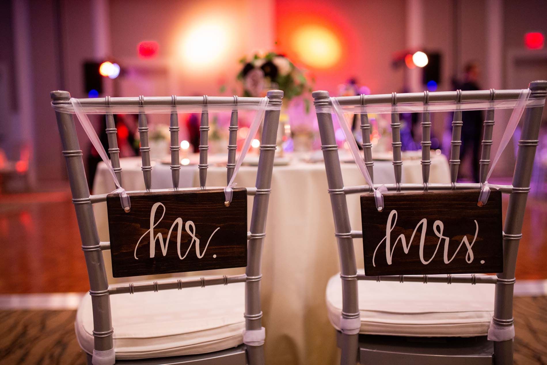 Wedding chair signs Mr and Mrs at The Venue at Portwalk Place