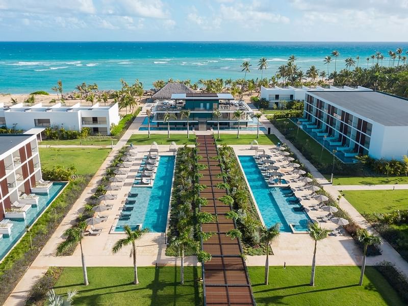 Aerial view of the outdoor pools at Live Aqua Resorts