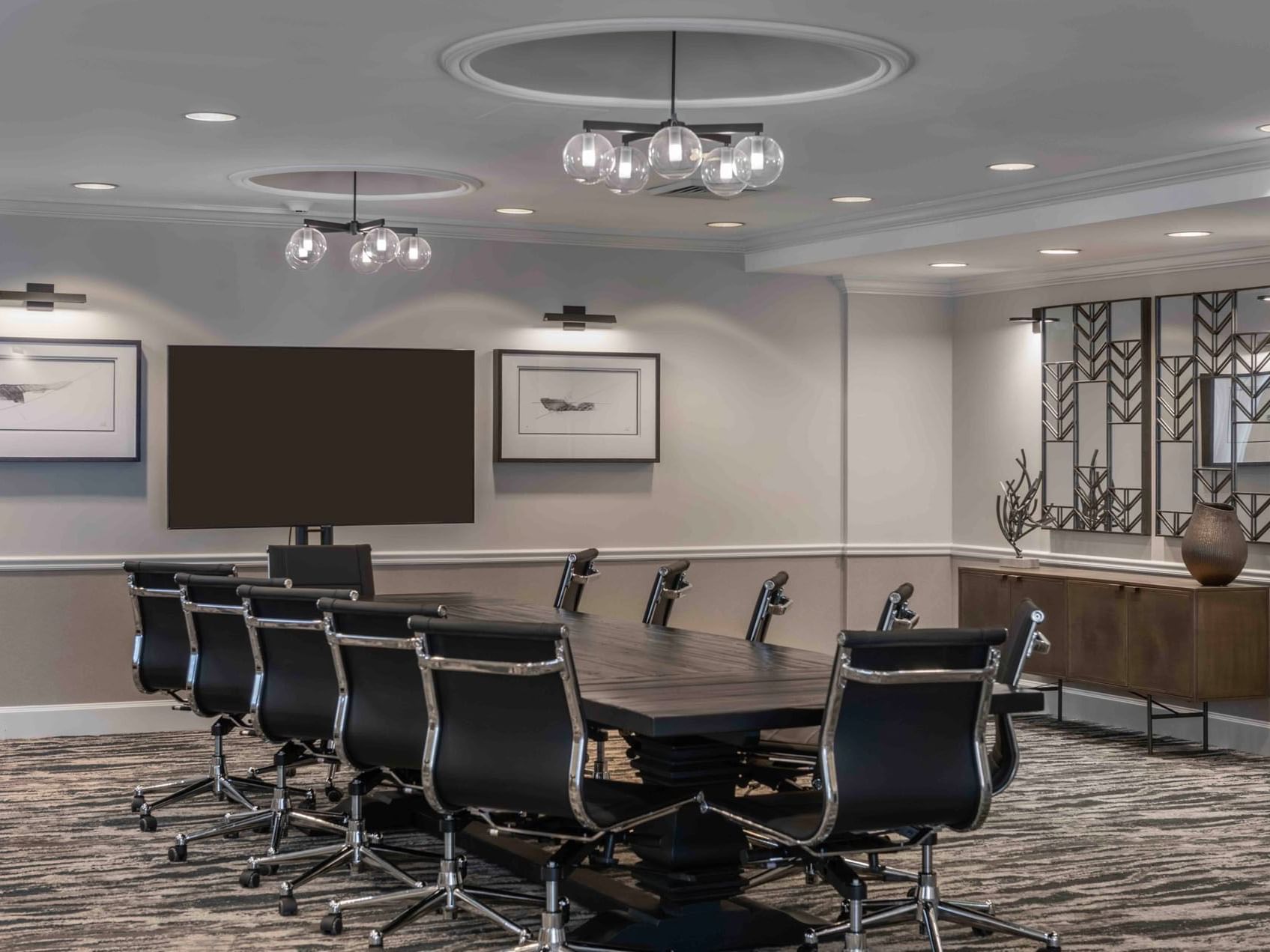 Boardroom set-up in Gorges Room with carpeted floors at Portland Harbor Hotel