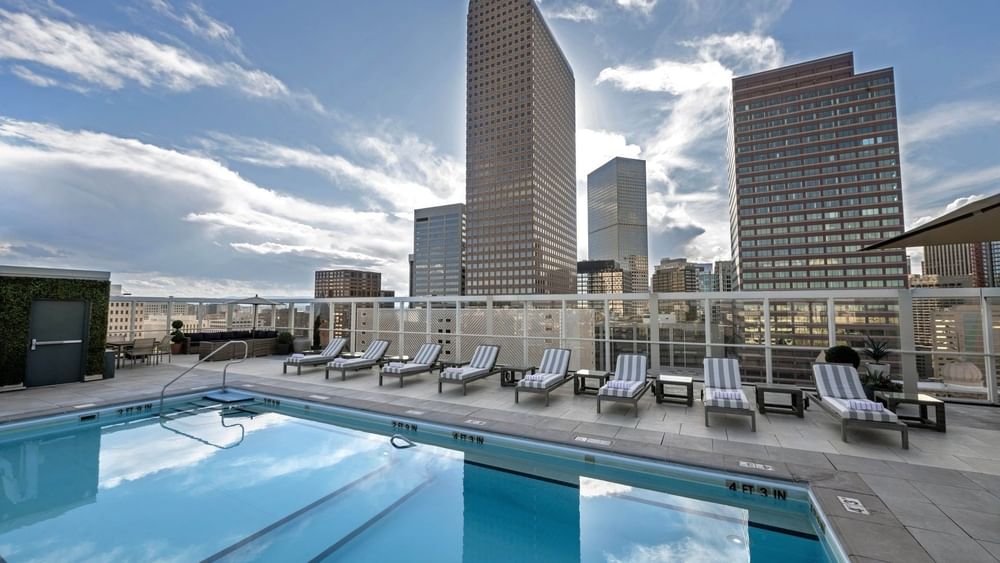 Rooftop pool with loungers by a glass fence under a sky with city buildings at Warwick Denver
